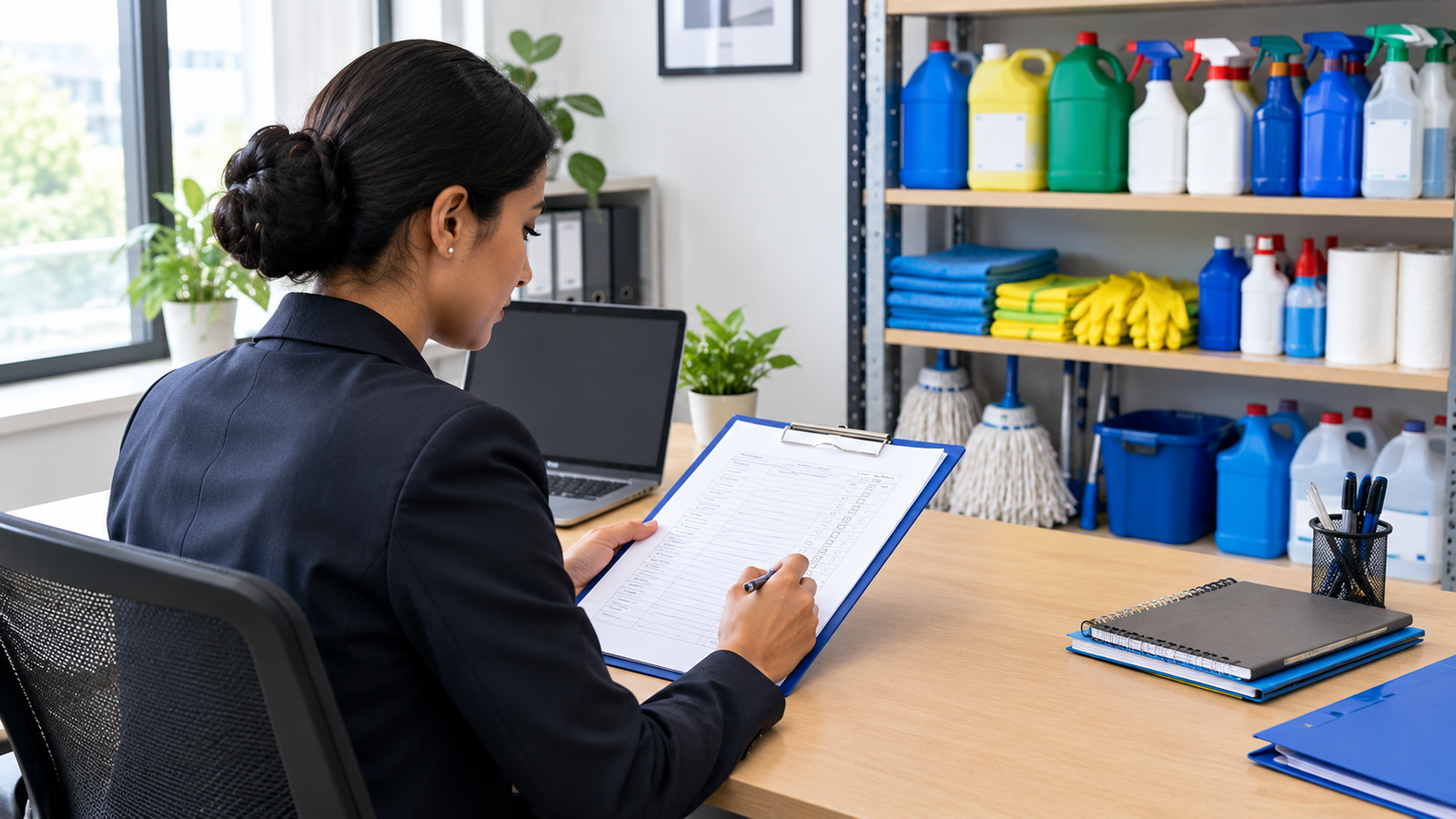 Facility manager streamlining housekeeping procurement with a checklist and cleaning supplies in a well-organised office