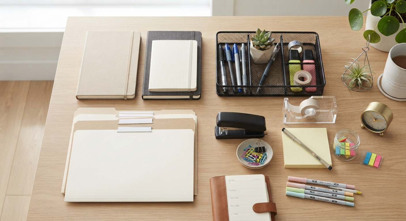 Top office stationery products including notebooks, pens, folders, sticky notes, and desk organizers for a productive workplace